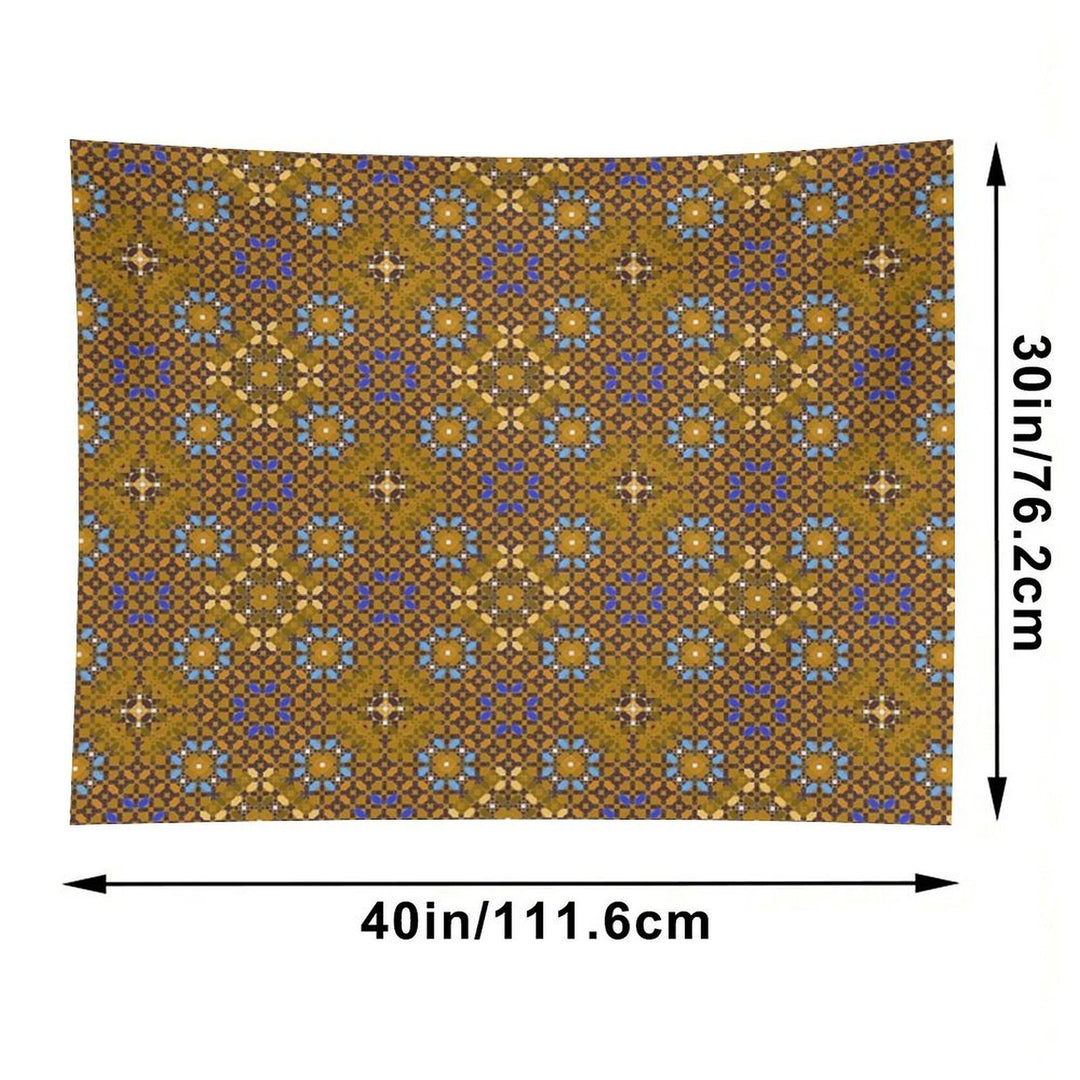 Golden Brown Geometric Composition with Turquoise Flowers Tapestry