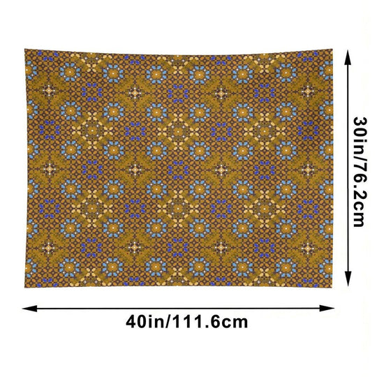 Golden Brown Geometric Composition with Turquoise Flowers Tapestry
