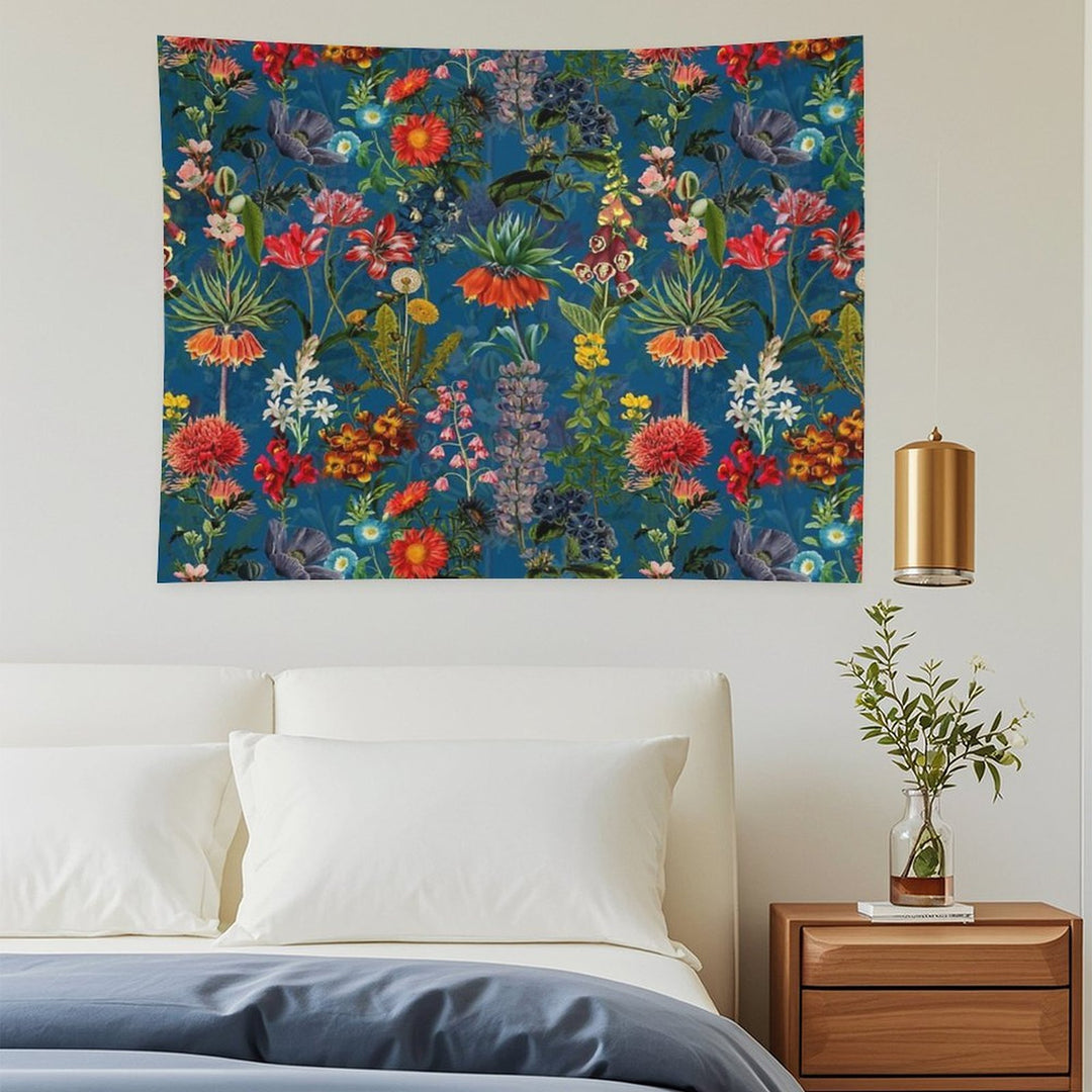 Vintage Blue Springflower Meadow Botanical Night Garden Tapestry