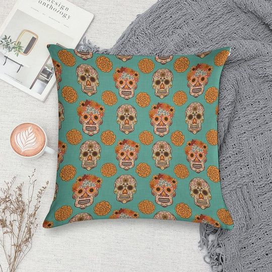 Day of The Dead Skulls And Flowers on A Textured Blue Green Background Soft Durable Construction Throw Pillow