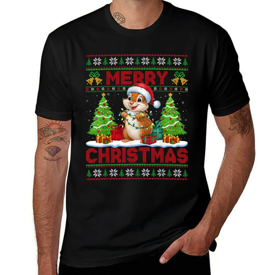 Xmas Tree Ugly Style Santa Hat Chipmunk Christmas  Slim-fit Cut T-Shirt