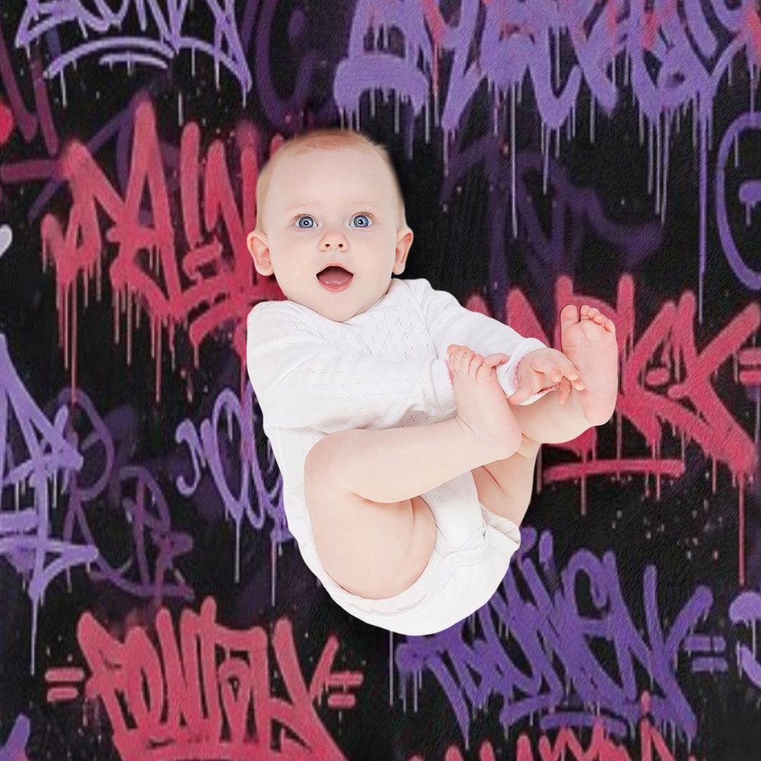 Cyberpunk Graffiti Mural Purple Pinkish Red & White Tags on Black Plush Throw Blanket