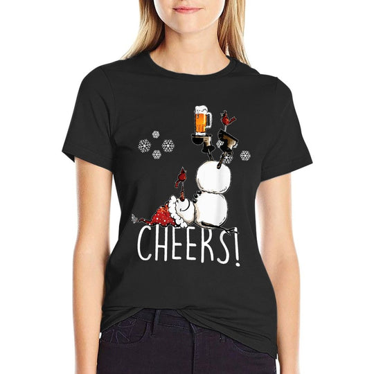 Cheers Snowman Beer And Wine Christmas  Ribbed Collar T-Shirt