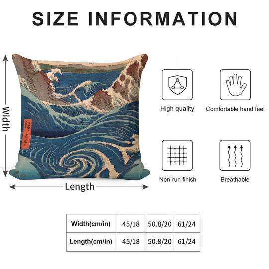 JAPAN UKIYO-E UTAGAWA HIROSHIGE WAVES Soft Reinforced Edging Throw Pillow