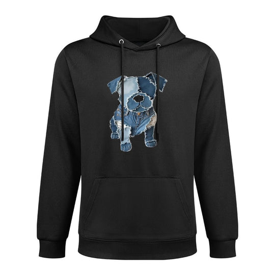 Retro Funny Denim Patch Animal Dog Print Cotton-Polyester Blend Hoodie
