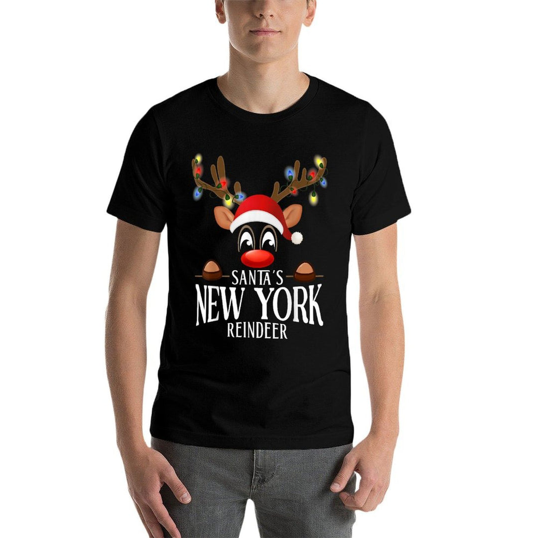 Santas New York Reindeer Funny XMas Matching PJS  Rolled Sleeves T-Shirt