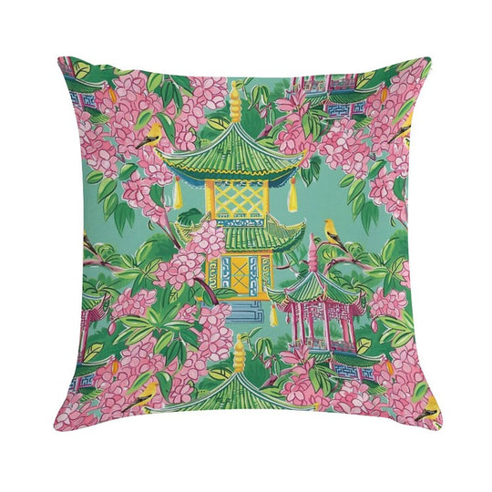 Preppy Pink Chinoiserie Pagodas And Cherry Blossom on Green Soft Easy Maintenance Throw Pillow
