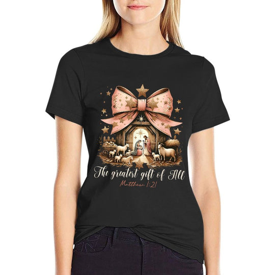 The Greatest Gift Of All Christmas Xmas Coquette Bow Jesus  Wrinkle-resistant T-Shirt