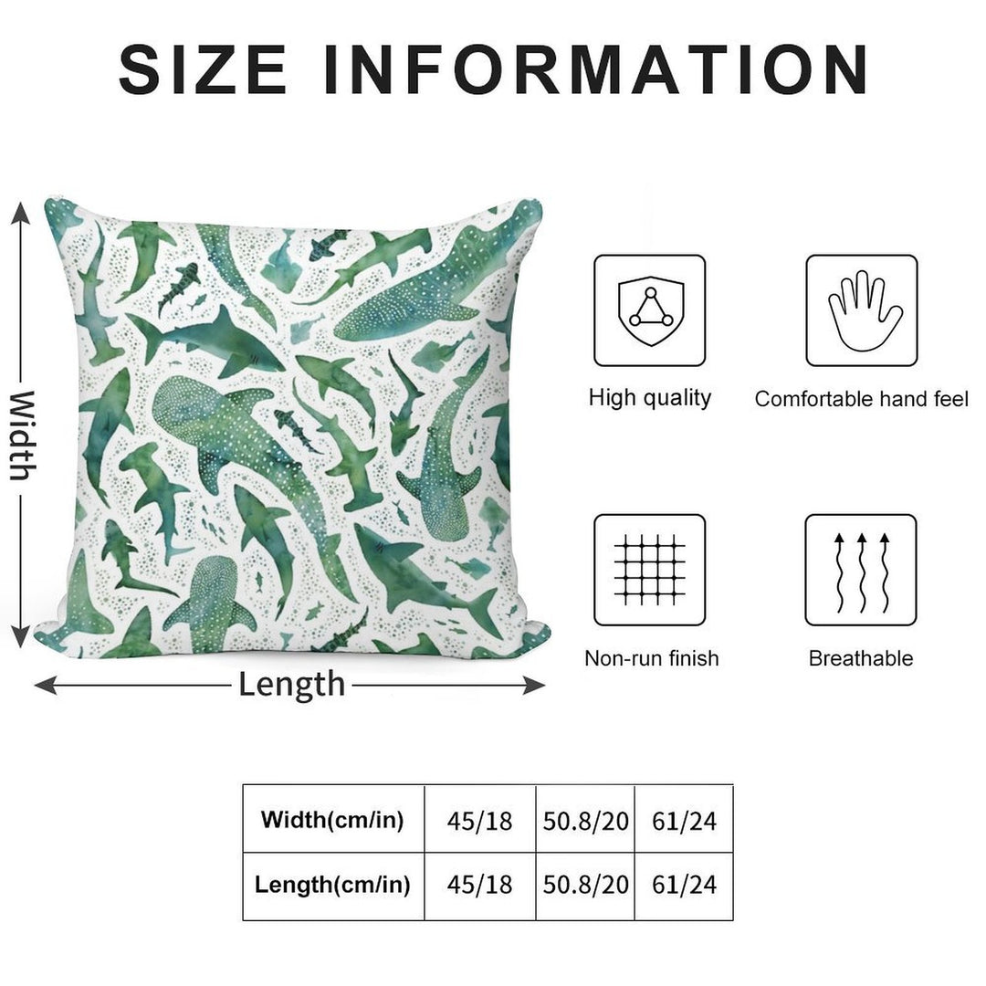 Monochrome Green Watercolour Shark Ocean on White Soft Fade-Resistant Throw Pillow