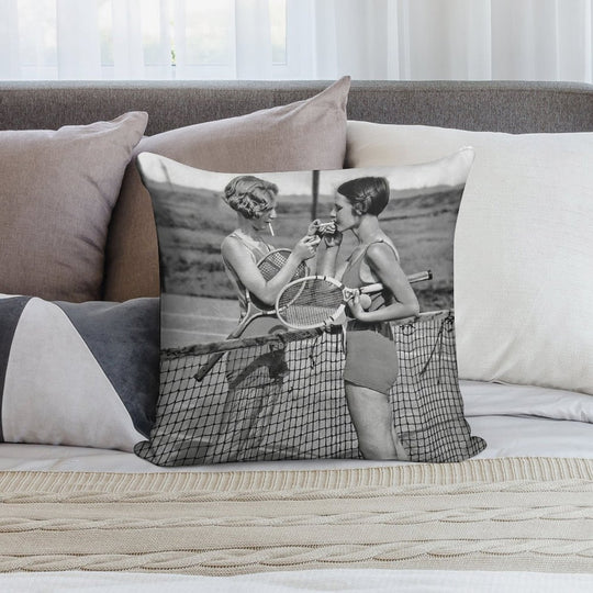 Women Tennis Players, Cigarette Break, Vintage Black And White Art Soft Durable Construction Throw Pillow