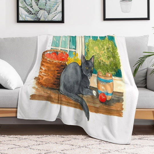 Black Cat on A Sunny Windowsill – Cozy Cottage Illustration Comfort Throw Blanket