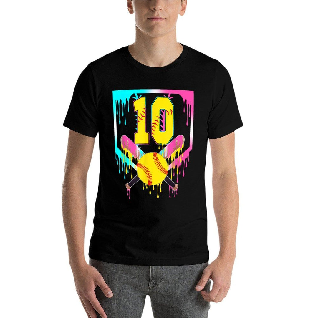 10th Bday Softball Home Plate Drip Ice Cream 10 Year Old  Ribbed Collar T-Shirt