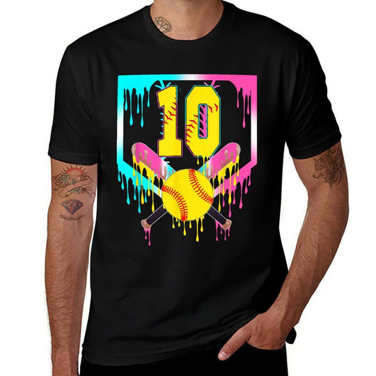 10th Bday Softball Home Plate Drip Ice Cream 10 Year Old  Ribbed Collar T-Shirt