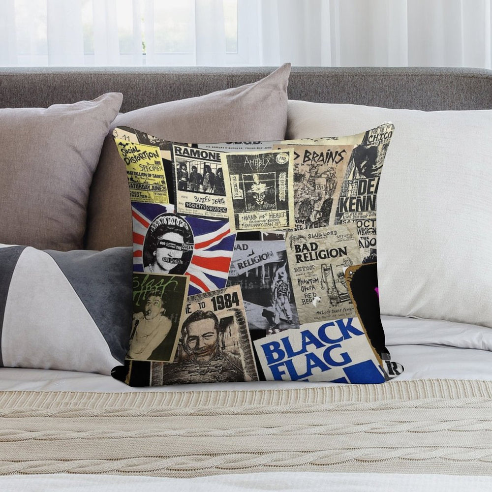 Punk Rock Vintage Poster Collage Collection Soft Reinforced Edging Throw Pillow
