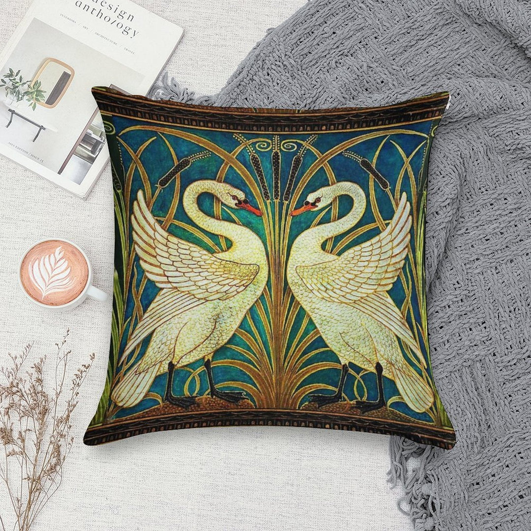 TWO WHITE SWANS AMONG REEDS IN BLUE Art Nouveau Animals Soft Washable Throw Pillow