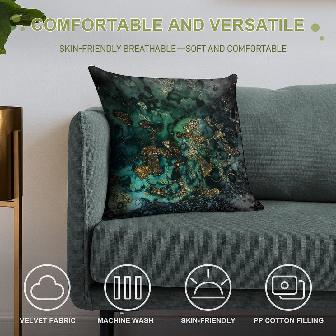 Gold Indigo Faux Malachite Marble Soft Washable Throw Pillow
