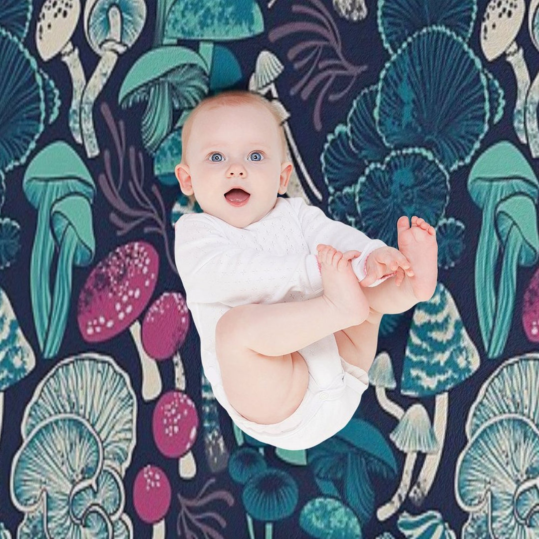 Mystical Fungi  Midnight Blue Background Mint Teal And Dark Pink Wild Mushrooms Easy Care Throw Blanket