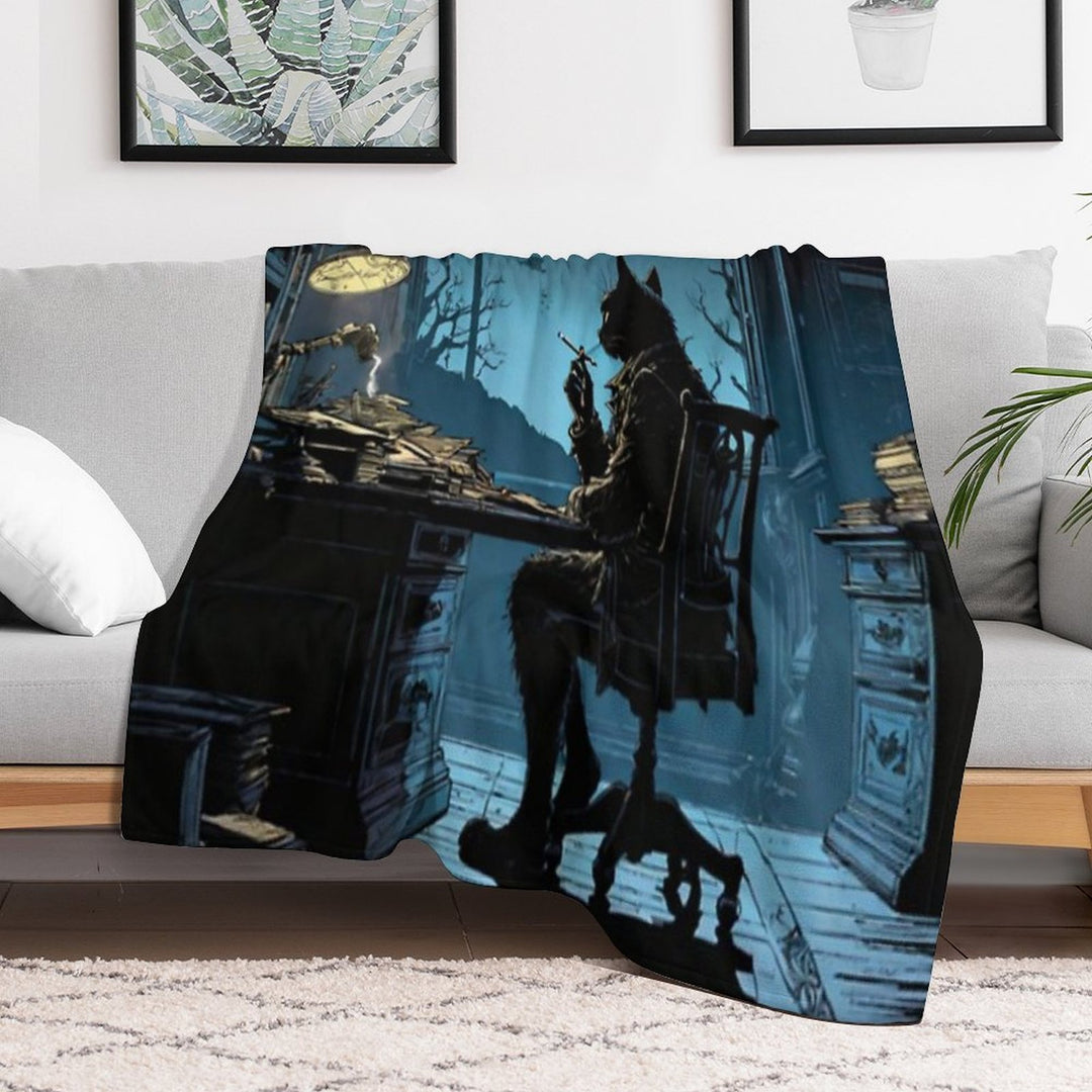 A Cat with A Cigarette in His Office in Front of The Moon Sustainable Throw Blanket