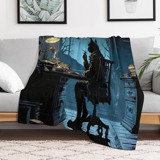 A Cat with A Cigarette in His Office in Front of The Moon Sustainable Throw Blanket