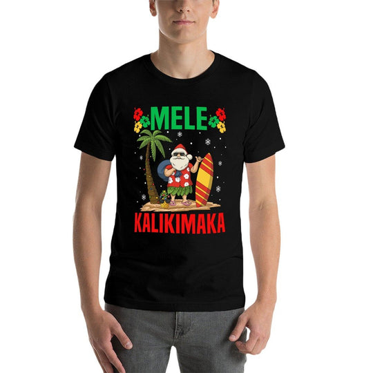 Mele Kalikimaka Tropical Christmas Hawaiian Xmas Santa Claus  Ribbed Collar T-Shirt