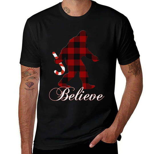 Bigfoot Believe Plaid Matching Family Christmas Pajamas  Oversized Silhouette T-Shirt