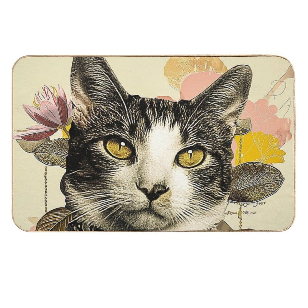 Whimsical Floral Cat Artwork Print  Anti-Trip Bath Mat