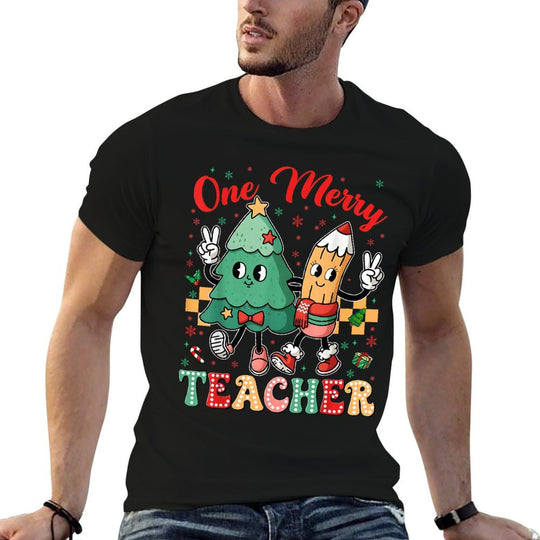 One Merry Teacher Groovy Christmas Tree Pjs Xmas Teacher  Odor-resistant T-Shirt