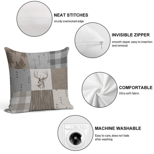 Deer Patchwork - Rustic Neutrals Soft Hidden Zipper Throw Pillow