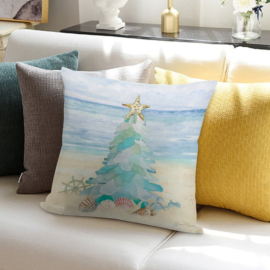 Coastal Seaglass Christmas Tree B Soft Warmth Comfort Throw Pillow