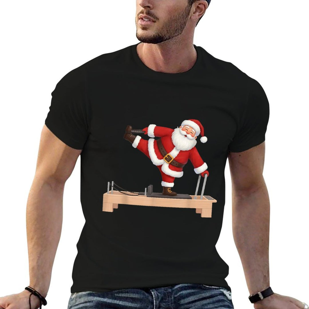 Funny Santa Doing Reformer Pilates Christmas Xmas Pilates  Ribbed Collar T-Shirt