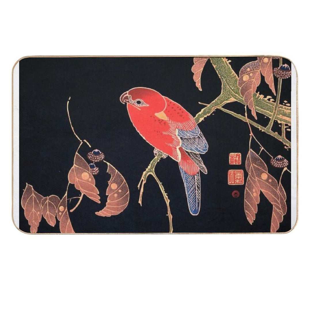 Ito Jakuchu - Red Parrot on The Branch of A Tree  Absorbent Bath Mat