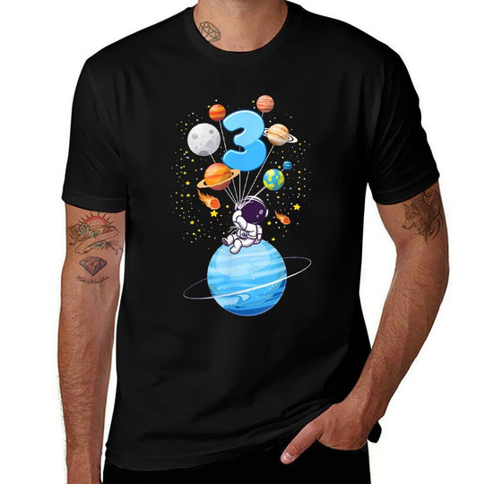 Kids 3 Year Old Astronaut Balloon Planets 3rd Birthday Boy  Eco-friendly Material T-Shirt