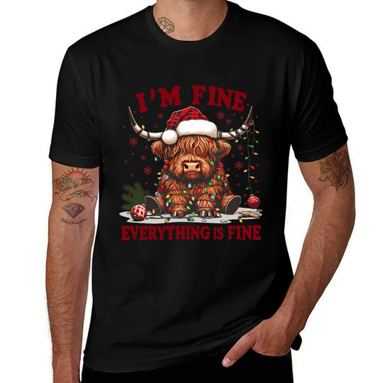 Im Fine Everything Is Fine Funny Christmas Highland Cow Sweatshirt  Slim-fit Cut T-Shirt