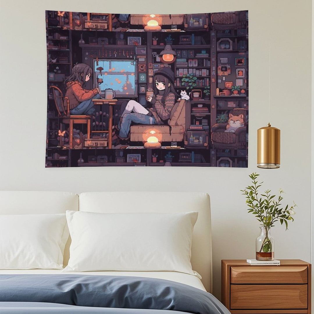 Anime Girls, Pixel Art- Cozy Tapestry