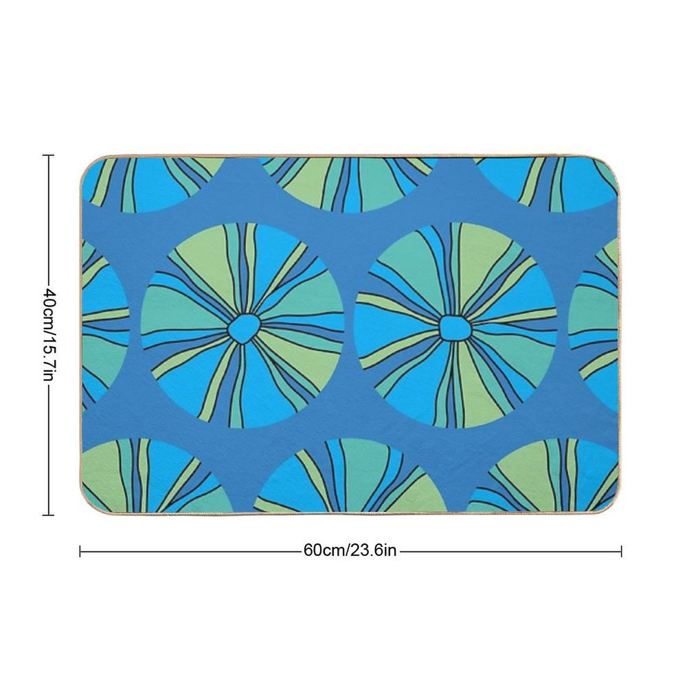 Modern Blue And Green Flower on Blue Durable Bath Mat
