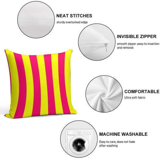 Bright Neon Pink And Yellow Vertical Cabana Tent Stripes Soft Reinforced Edging Throw Pillow