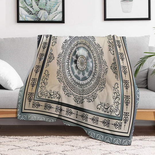 Ornate Greek Key Meander Green And Cream Medallion Machine-washable Throw Blanket