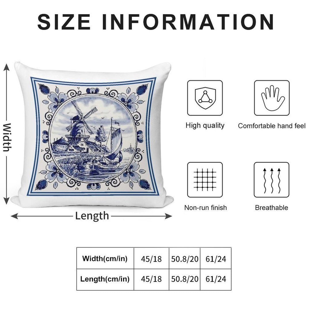 DUTCH BLUE DELFT Vintage Windmill Print Soft Gift Ready Throw Pillow