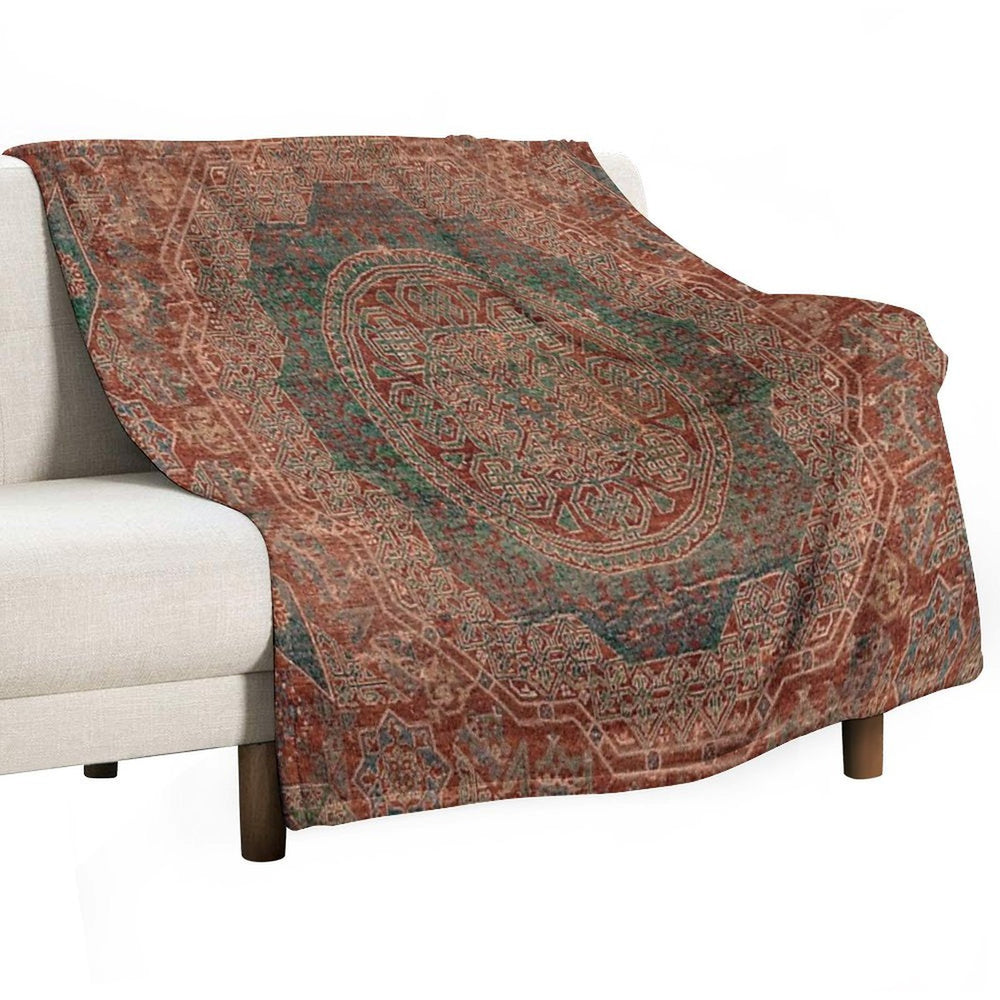 Bohemian Medallion I  15th Century Old Distressed Red Green Colorful Ornate Accent Rug Pattern Versatility Throw Blanket
