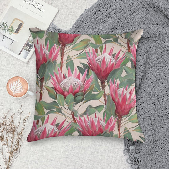 Painted King Proteas on Cream Soft Shrink-Resistant Throw Pillow