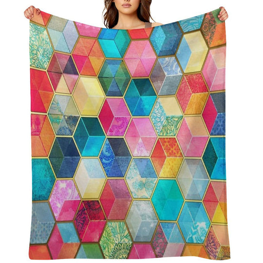 Crystal Bohemian Honeycomb Cubes - Colorful Hexagon Pattern Plush Throw Blanket