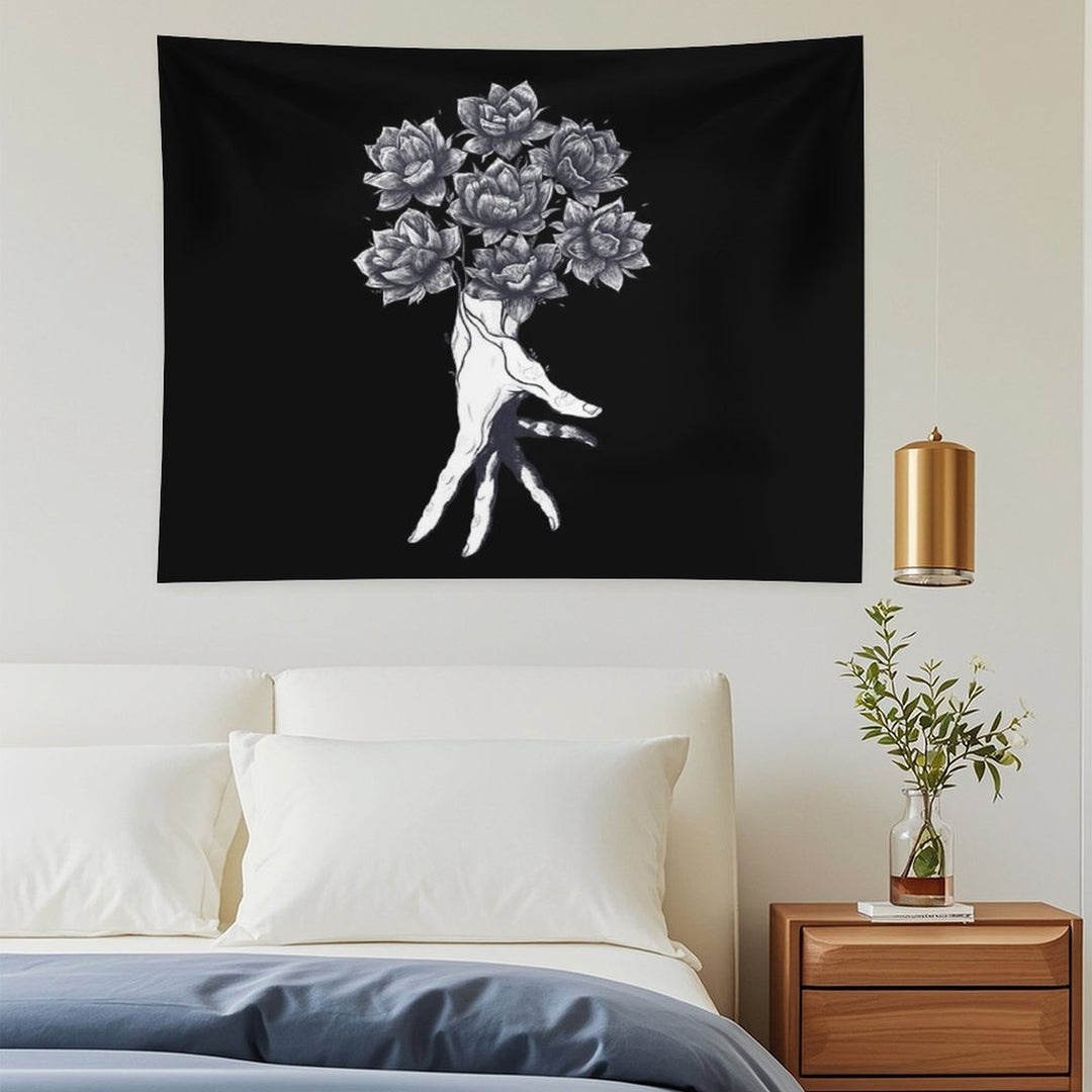 Hand with Lotuses on Black Tapestry