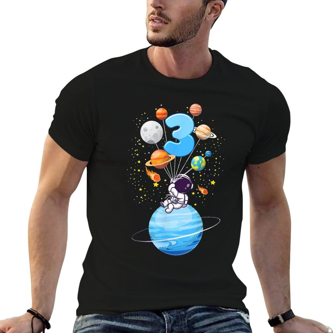 Kids 3 Year Old Astronaut Balloon Planets 3rd Birthday Boy  Eco-friendly Material T-Shirt