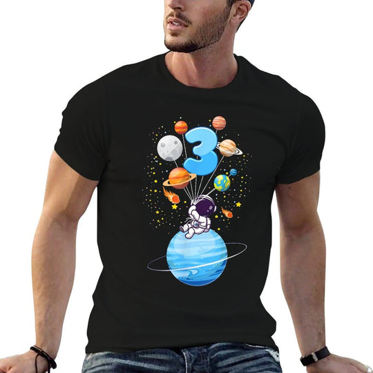 Kids 3 Year Old Astronaut Balloon Planets 3rd Birthday Boy  Eco-friendly Material T-Shirt