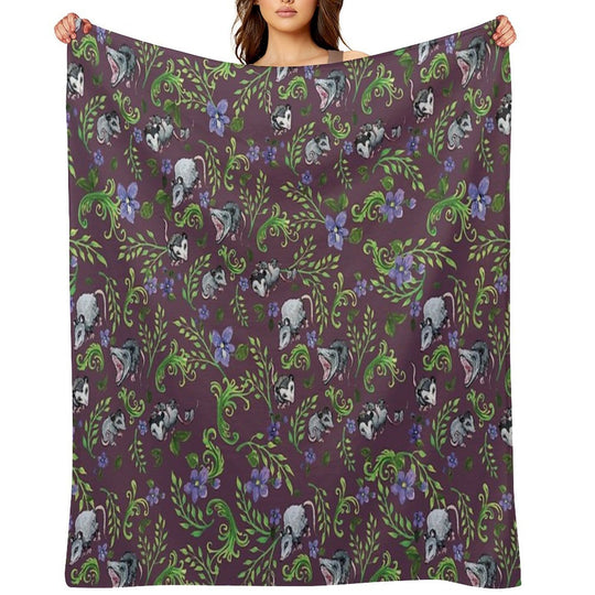 Opossum, Fern, & Violet Print Velvety-soft Throw Blanket
