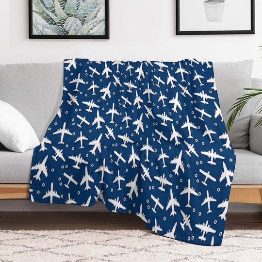Blue And White Aeroplanes Silhouette Pattern Wrinkle-free Throw Blanket
