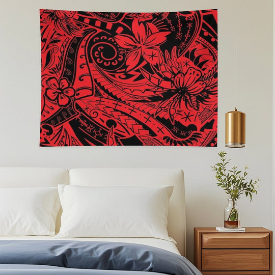 Polynesian Tribal Lava Red Leaf And Floral Print Tapestry