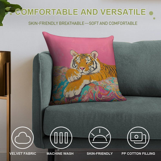 Pink Maximalist Tiger Preppy Painting Soft Anti-Pilling Throw Pillow