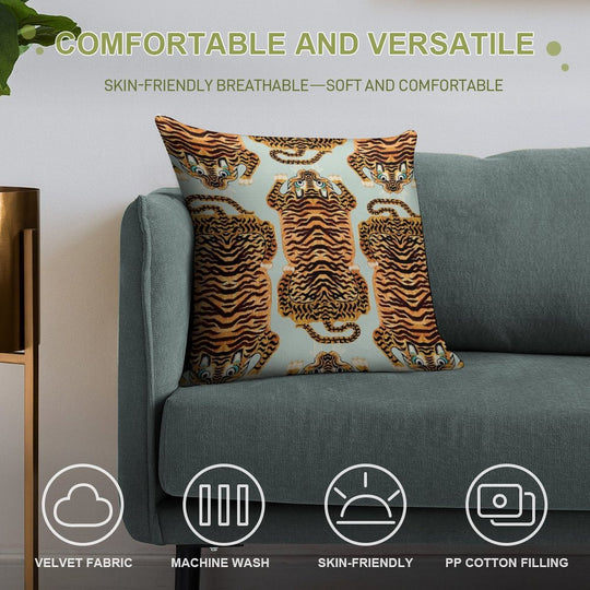 Cute Golden Tibetan Tiger Rug in Sage Soft High-Density Material Throw Pillow