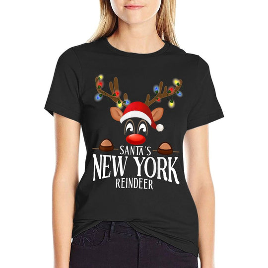 Santas New York Reindeer Funny XMas Matching PJS  Rolled Sleeves T-Shirt